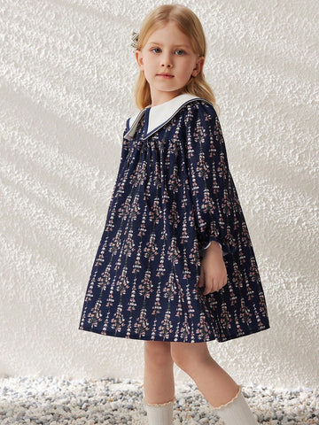 Blossori Girls Elegant French Style Navy Ditsy Floral Contrast Collar Loose Woven Dress, Spring/Summer