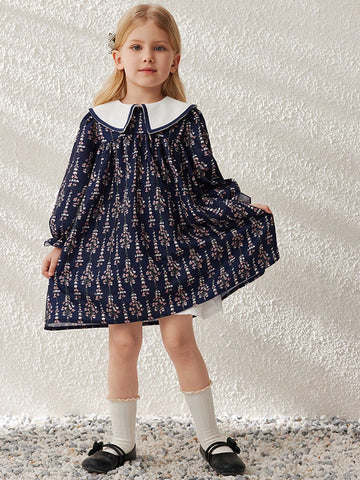 Blossori Girls Elegant French Style Navy Ditsy Floral Contrast Collar Loose Woven Dress, Spring/Summer