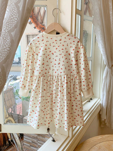 Blossori Girls' Elegant French Style Red Mini Ditsy Floral Knit Loose Fit Round Neck Dress, Autumn/Winter