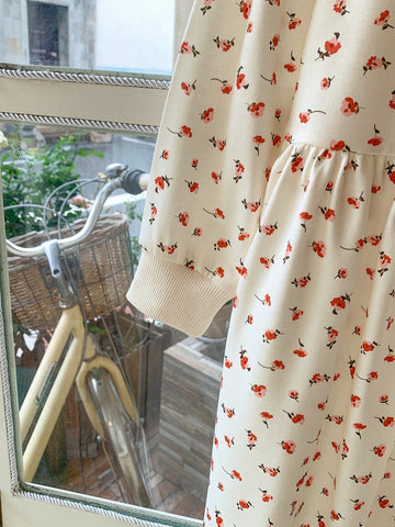 Blossori Girls' Elegant French Style Red Mini Ditsy Floral Knit Loose Fit Round Neck Dress, Autumn/Winter