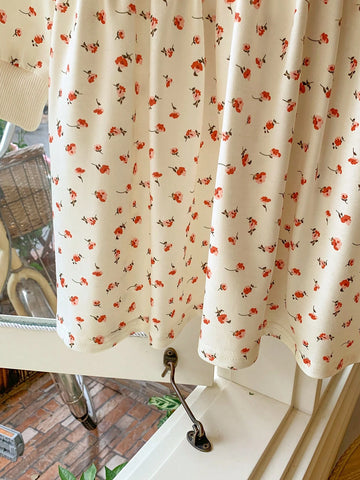 Blossori Girls' Elegant French Style Red Mini Ditsy Floral Knit Loose Fit Round Neck Dress, Autumn/Winter