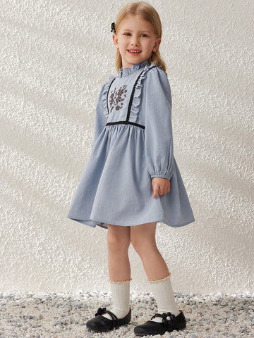 Blossori Young Girls Dresses: Elegant Blue Woven Embroidered Ruffle Collar Dress, Spring/Summer