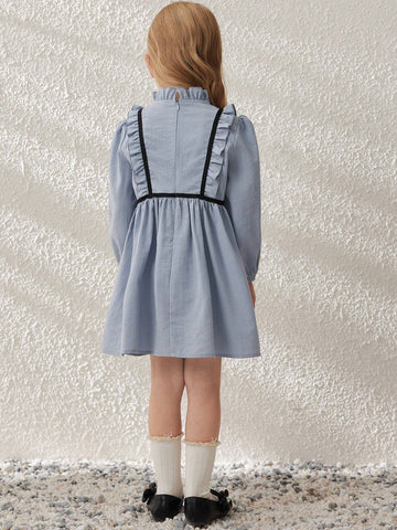 Blossori Young Girls Dresses: Elegant Blue Woven Embroidered Ruffle Collar Dress, Spring/Summer