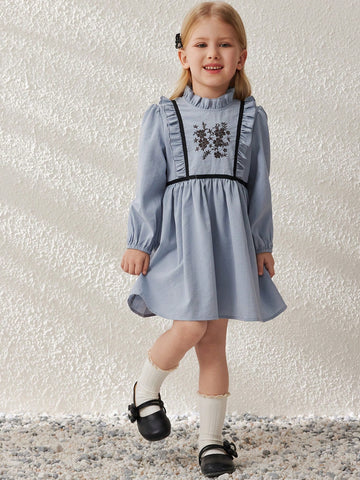 Blossori Young Girls Dresses: Elegant Blue Woven Embroidered Ruffle Collar Dress, Spring/Summer