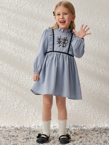 Blossori Young Girls Dresses: Elegant Blue Woven Embroidered Ruffle Collar Dress, Spring/Summer