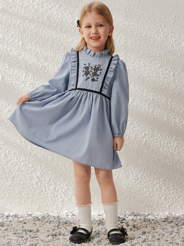 Blossori Young Girls Dresses: Elegant Blue Woven Embroidered Ruffle Collar Dress, Spring/Summer
