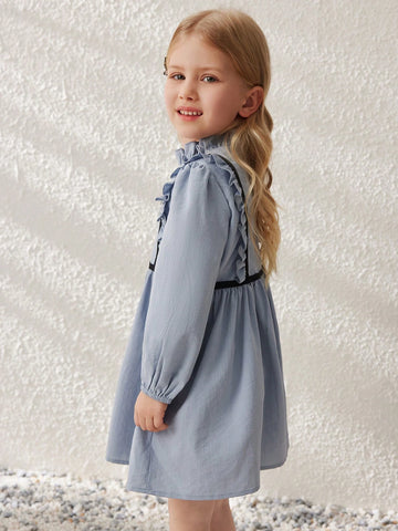 Blossori Young Girls Dresses: Elegant Blue Woven Embroidered Ruffle Collar Dress, Spring/Summer
