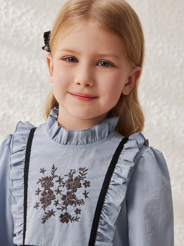 Blossori Young Girls Dresses: Elegant Blue Woven Embroidered Ruffle Collar Dress, Spring/Summer