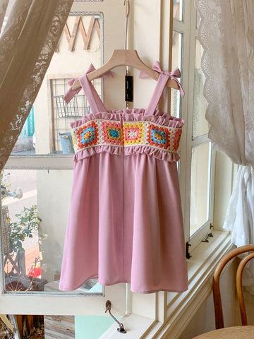 Blossori Young Girls Dresses Elegant French Style Pink Woven Fitted Camisole Dress, Spring/Summer