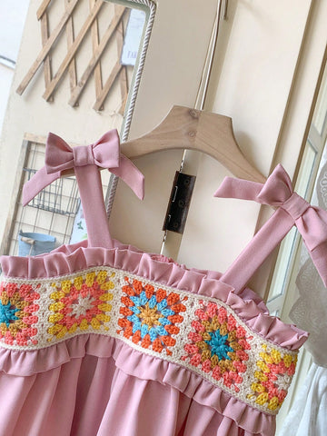 Blossori Young Girls Dresses Elegant French Style Pink Woven Fitted Camisole Dress, Spring/Summer