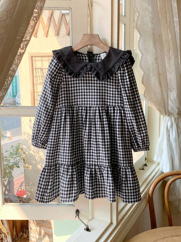 Blossori Young Girls Elegant Black & White Plaid Woven V-Neck A-Line Dress, Spring/Summer