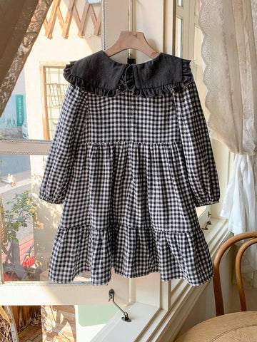 Blossori Young Girls Elegant Black & White Plaid Woven V-Neck A-Line Dress, Spring/Summer
