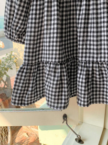 Blossori Young Girls Elegant Black & White Plaid Woven V-Neck A-Line Dress, Spring/Summer