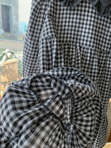 Blossori Young Girls Elegant Black & White Plaid Woven V-Neck A-Line Dress, Spring/Summer