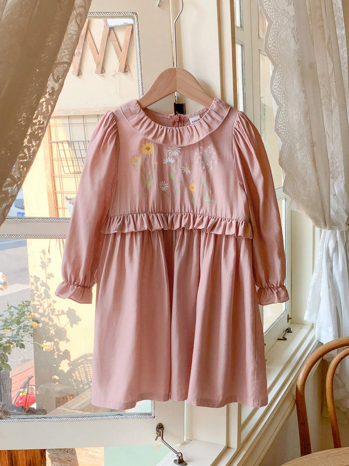 Blossori Young Girls' Elegant Floral Print Chiffon Dress, French Style, Spring/Summer