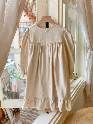 Blossori Young Girls Elegant French Style Apricot Ruffle Hem Loose Woven Dress, Autumn/Winter