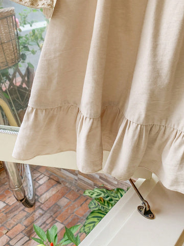 Blossori Young Girls Elegant French Style Apricot Ruffle Hem Loose Woven Dress, Autumn/Winter