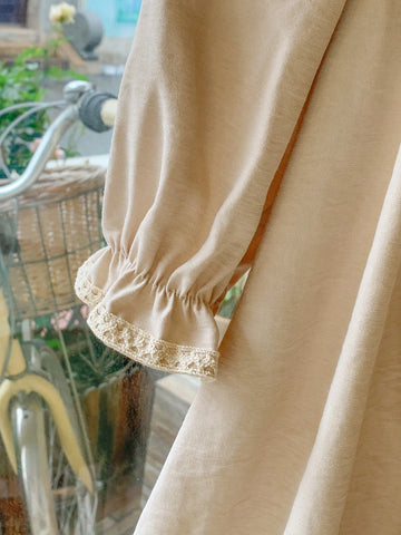 Blossori Young Girls Elegant French Style Apricot Ruffle Hem Loose Woven Dress, Autumn/Winter