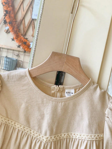 Blossori Young Girls Elegant French Style Apricot Ruffle Hem Loose Woven Dress, Autumn/Winter