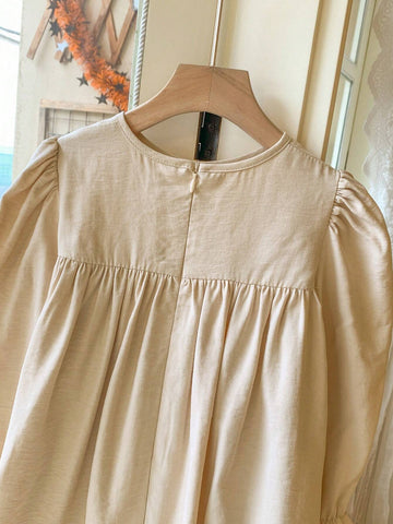 Blossori Young Girls Elegant French Style Apricot Ruffle Hem Loose Woven Dress, Autumn/Winter