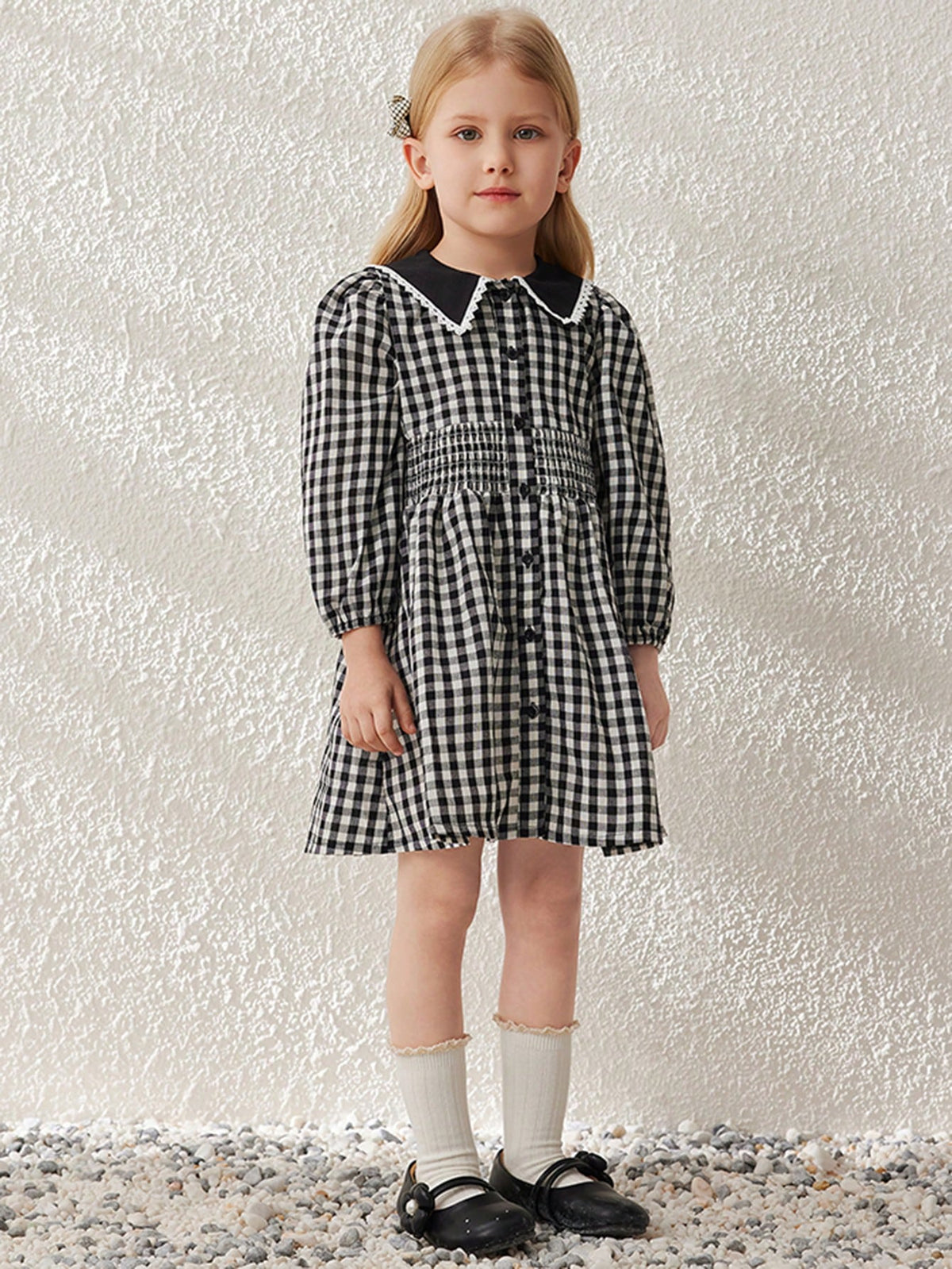 Blossori Young Girls' Elegant French Style Black & White Plaid Woven Lapel Dress, Spring/Summer
