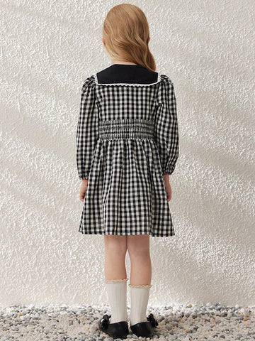 Blossori Young Girls' Elegant French Style Black & White Plaid Woven Lapel Dress, Spring/Summer
