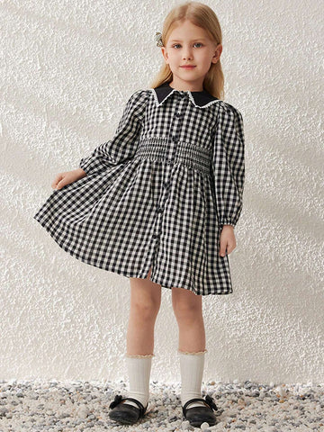 Blossori Young Girls' Elegant French Style Black & White Plaid Woven Lapel Dress, Spring/Summer