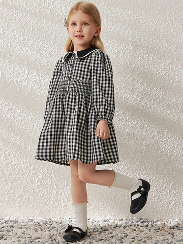Blossori Young Girls' Elegant French Style Black & White Plaid Woven Lapel Dress, Spring/Summer