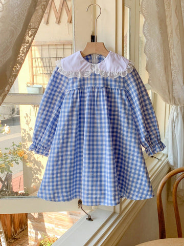 Blossori Young Girls Elegant French Style Blue Plaid Woven White Collar Dress, Spring/Summer