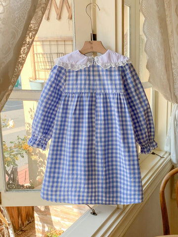 Blossori Young Girls Elegant French Style Blue Plaid Woven White Collar Dress, Spring/Summer