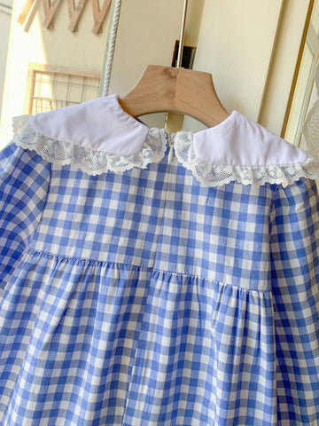 Blossori Young Girls Elegant French Style Blue Plaid Woven White Collar Dress, Spring/Summer