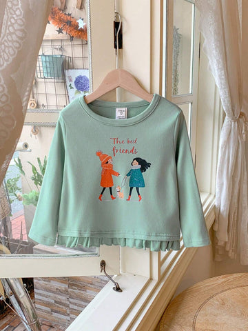 Blossori Young Girls Elegant French Style Blue & Green Printed Loose Fit Knitted Crew Neck T-Shirt, Autumn/Winter