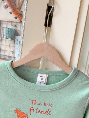 Blossori Young Girls Elegant French Style Blue & Green Printed Loose Fit Knitted Crew Neck T-Shirt, Autumn/Winter