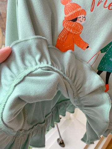 Blossori Young Girls Elegant French Style Blue & Green Printed Loose Fit Knitted Crew Neck T-Shirt, Autumn/Winter