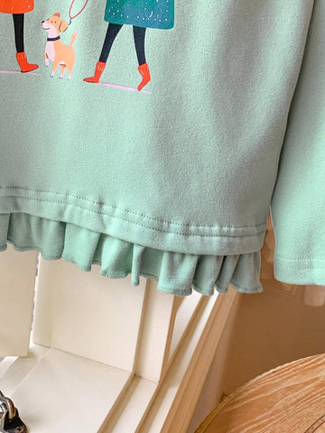 Blossori Young Girls Elegant French Style Blue & Green Printed Loose Fit Knitted Crew Neck T-Shirt, Autumn/Winter
