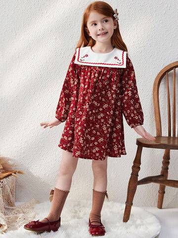 Blossori Young Girls' Elegant French Style Burgundy Woven Embroidered Floral Loose Oversized Collar Dress, Autumn/Winter