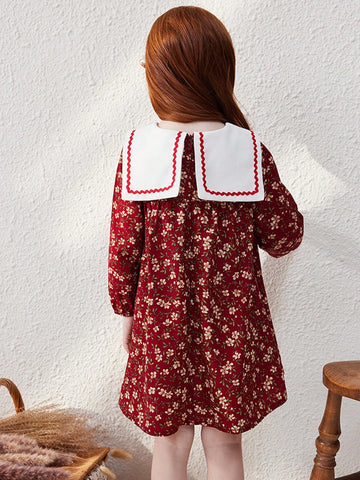 Blossori Young Girls' Elegant French Style Burgundy Woven Embroidered Floral Loose Oversized Collar Dress, Autumn/Winter