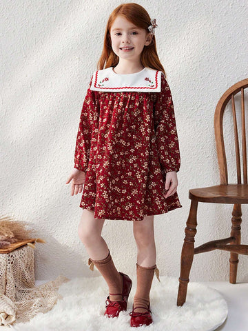 Blossori Young Girls' Elegant French Style Burgundy Woven Embroidered Floral Loose Oversized Collar Dress, Autumn/Winter
