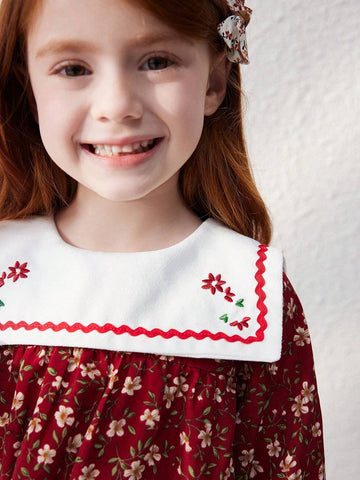 Blossori Young Girls' Elegant French Style Burgundy Woven Embroidered Floral Loose Oversized Collar Dress, Autumn/Winter