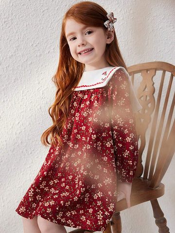 Blossori Young Girls' Elegant French Style Burgundy Woven Embroidered Floral Loose Oversized Collar Dress, Autumn/Winter