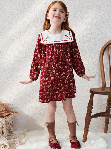 Blossori Young Girls' Elegant French Style Burgundy Woven Embroidered Floral Loose Oversized Collar Dress, Autumn/Winter