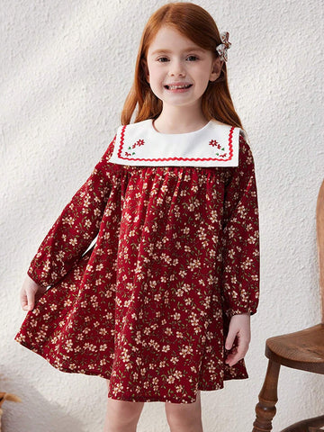 Blossori Young Girls' Elegant French Style Burgundy Woven Embroidered Floral Loose Oversized Collar Dress, Autumn/Winter