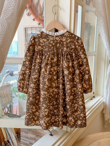 Blossori Young Girls Elegant French Style Dark Coffee Ditsy Floral Woven Loose Ruffled Collar Dress, Autumn/Winter