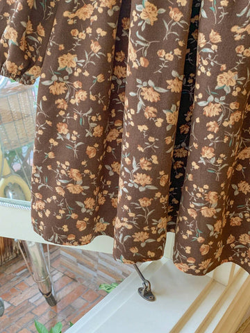 Blossori Young Girls Elegant French Style Dark Coffee Ditsy Floral Woven Loose Ruffled Collar Dress, Autumn/Winter
