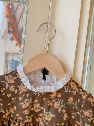 Blossori Young Girls Elegant French Style Dark Coffee Ditsy Floral Woven Loose Ruffled Collar Dress, Autumn/Winter