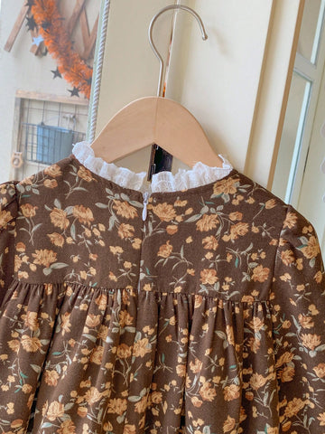 Blossori Young Girls Elegant French Style Dark Coffee Ditsy Floral Woven Loose Ruffled Collar Dress, Autumn/Winter