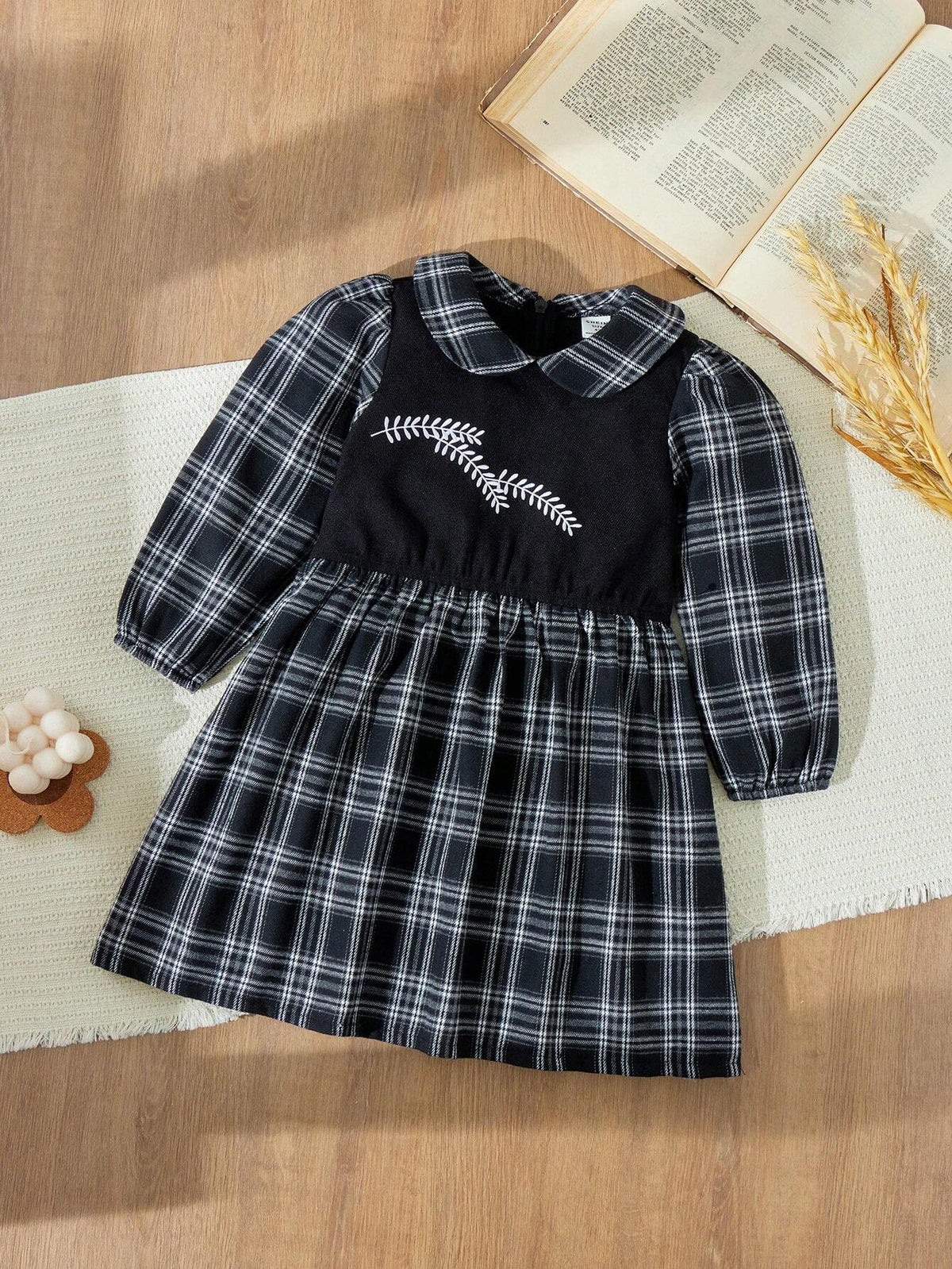 Blossori Young Girls Elegant French Style Grey Plaid Woven Loose Turndown Collar Dress, Autumn/Winter
