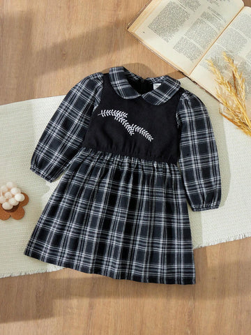 Blossori Young Girls Elegant French Style Grey Plaid Woven Loose Turndown Collar Dress, Autumn/Winter