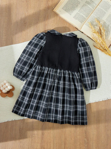 Blossori Young Girls Elegant French Style Grey Plaid Woven Loose Turndown Collar Dress, Autumn/Winter
