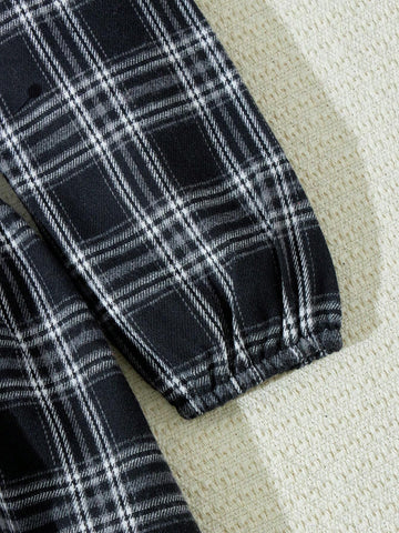 Blossori Young Girls Elegant French Style Grey Plaid Woven Loose Turndown Collar Dress, Autumn/Winter